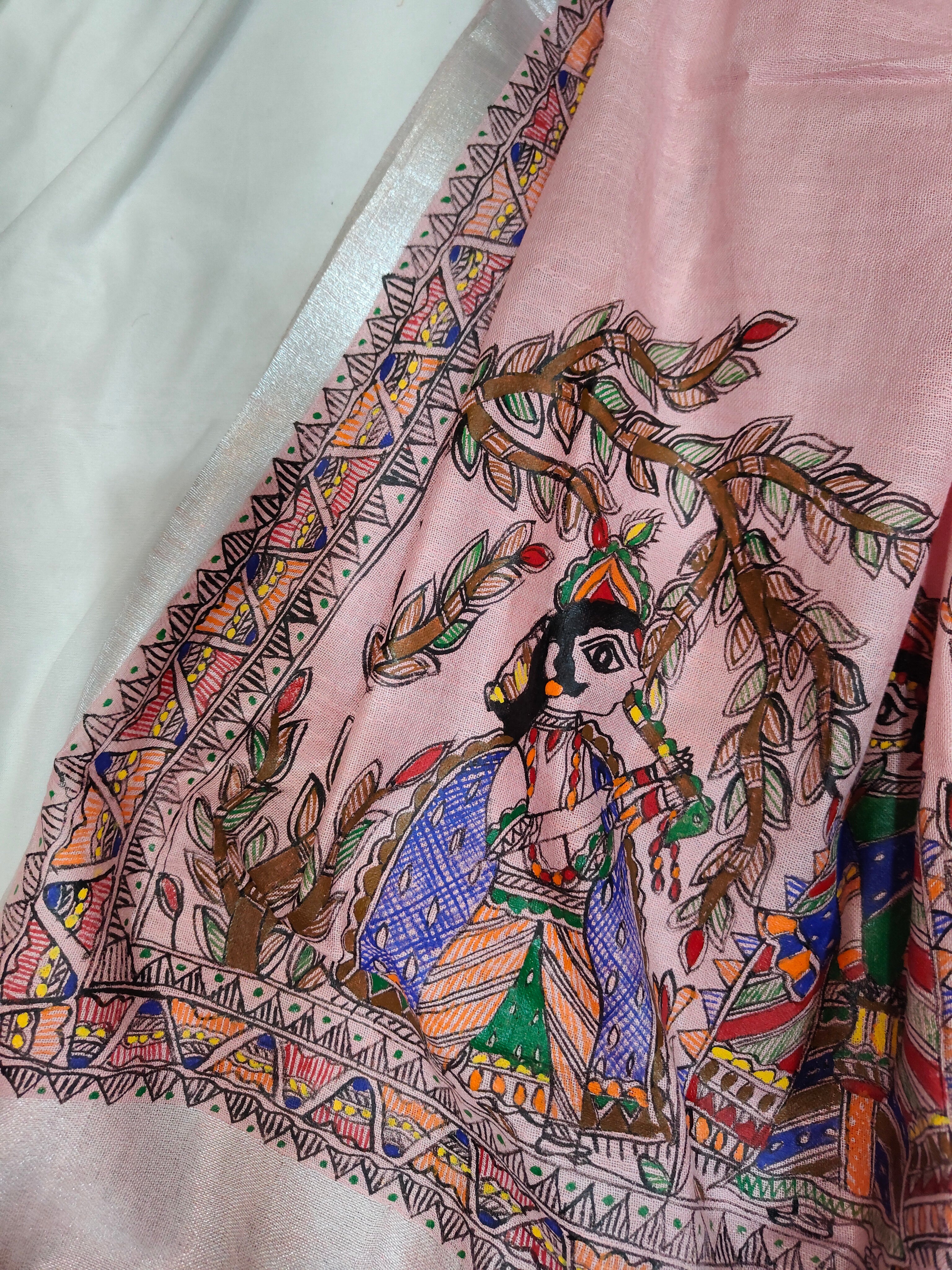 Hand-painted Madhubani Radha Krishna Unstitched Suit Set on Cotton in Blush Pink